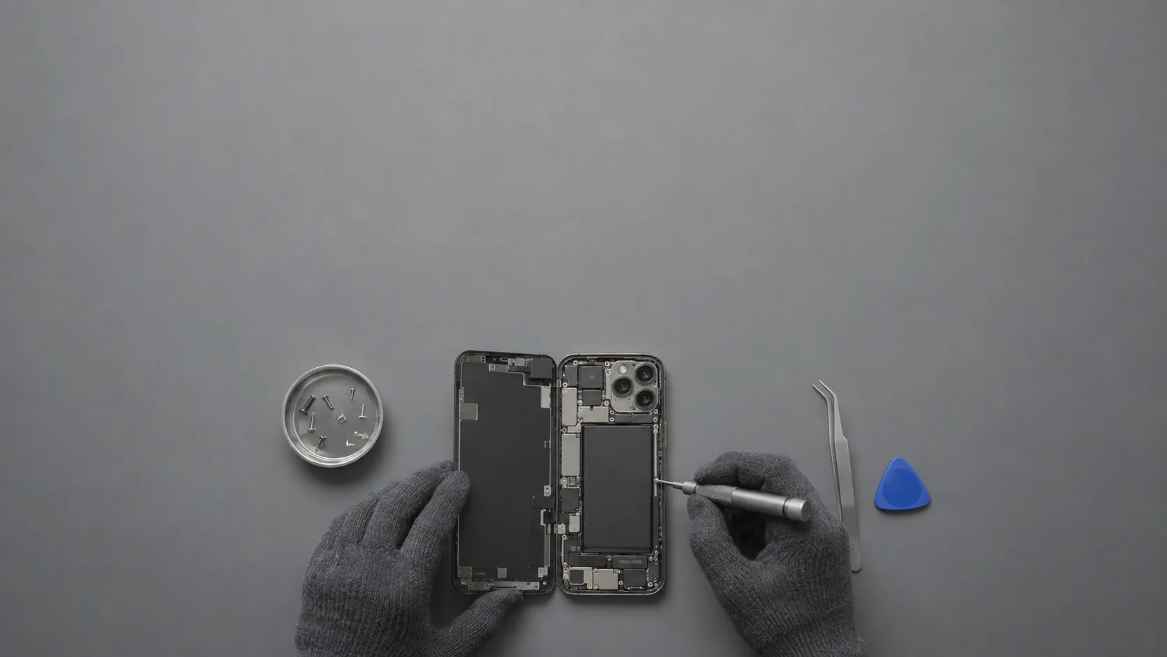 A technician holding an iPhone at the Dualcom bench, screwdriver in hand