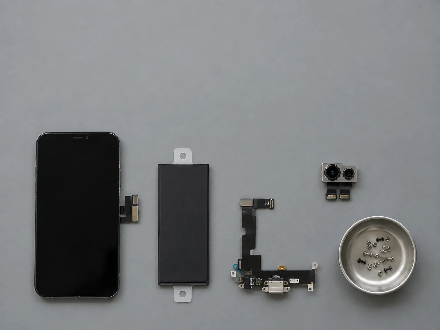 Smartphone display and charging components laid out for compatibility checking