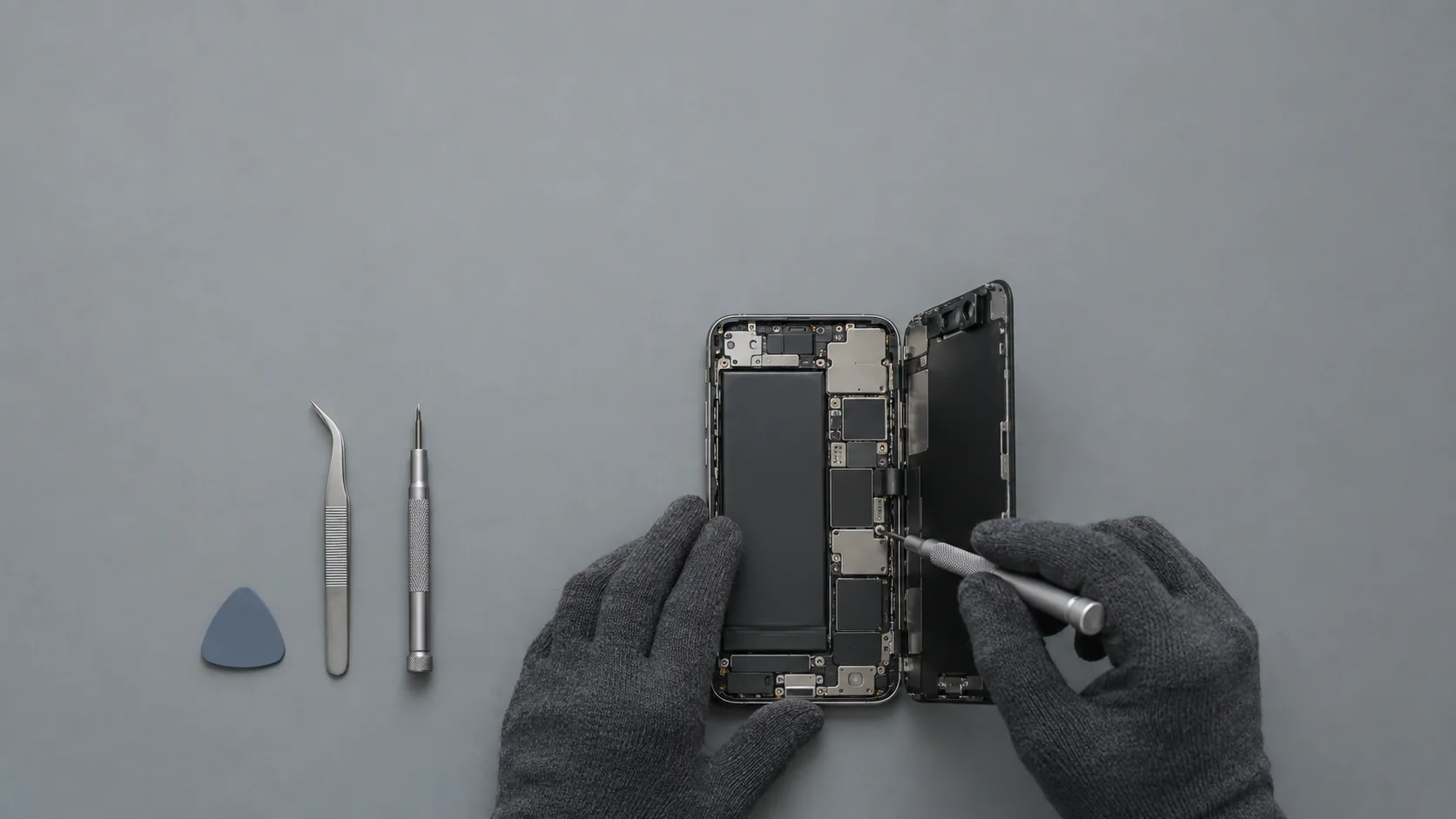 Gloved hands performing precision work on an open smartphone at a compact repair bench