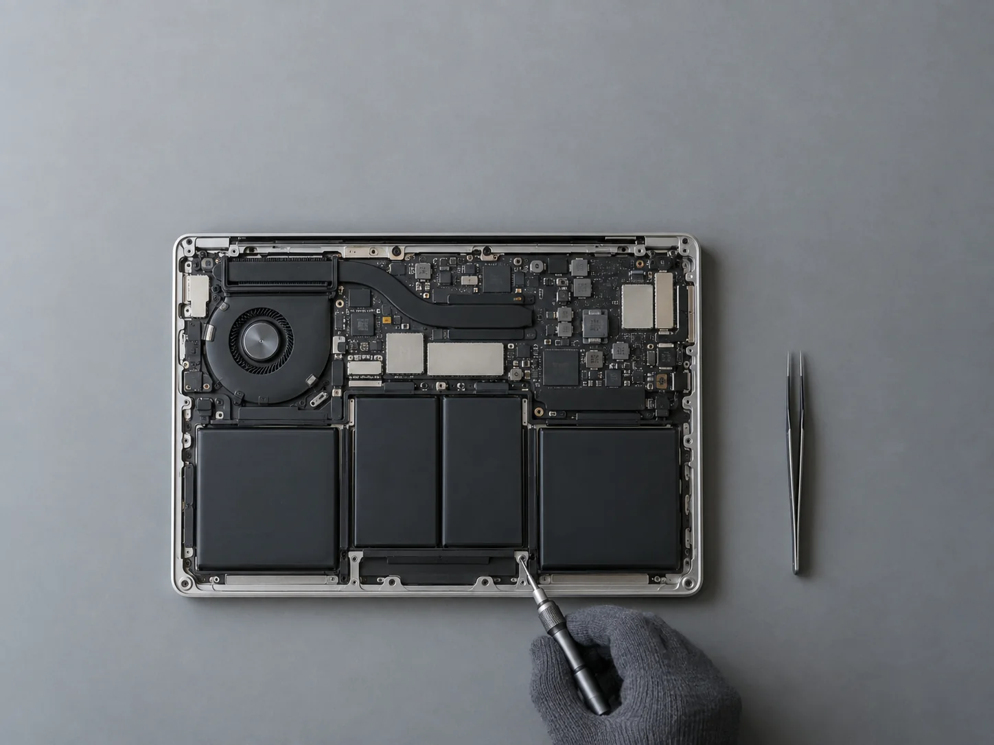An open MacBook set up for hardware diagnosis on a clean bench