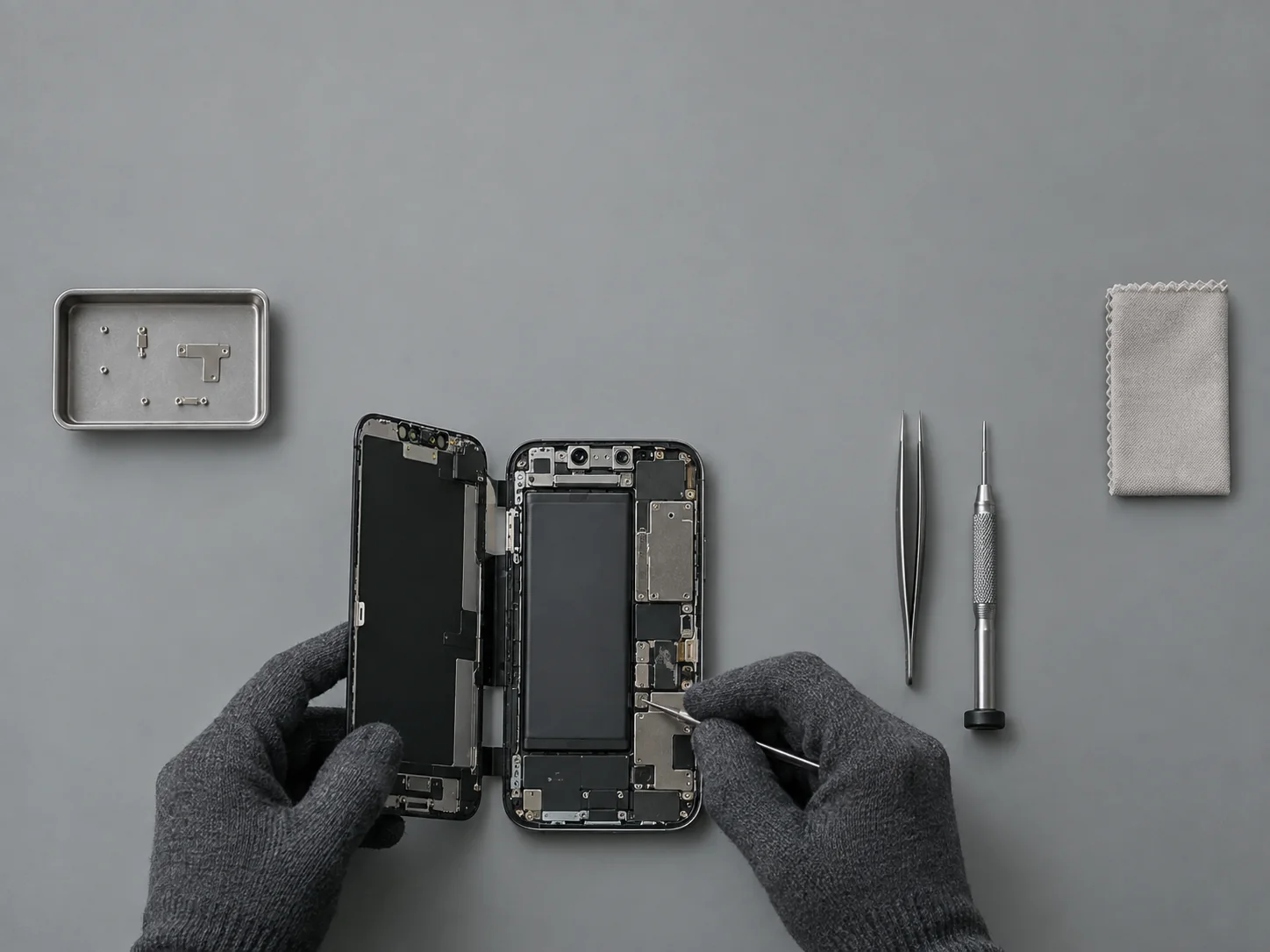 A technician repairing an open smartphone at the Dualcom bench