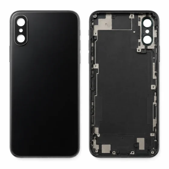 Replacement iPhone X rear housing with two camera openings stacked vertically, glass panel beside the bare chassis