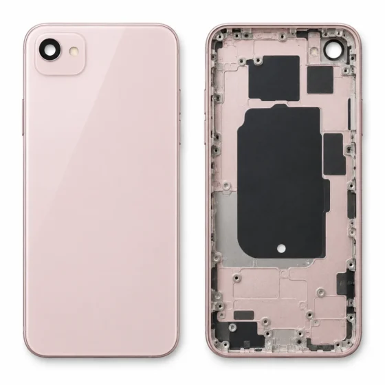 Replacement iPhone XR rear housing with a single camera opening in a rounded square bump, outer panel beside the bare chassis