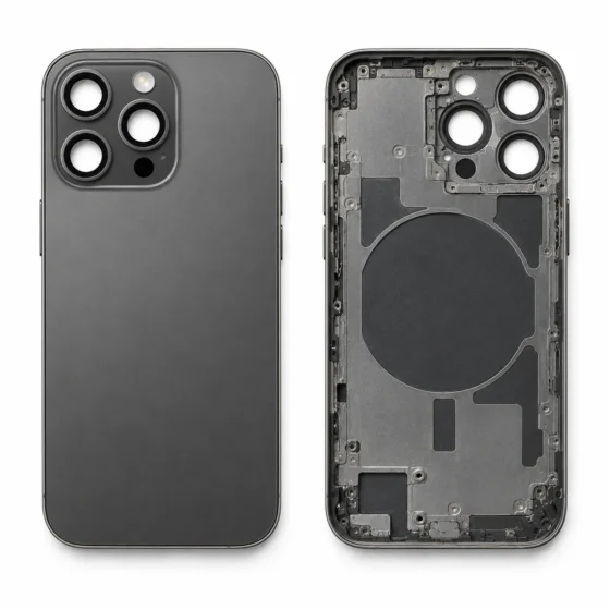Replacement iPhone Pro rear housing with three camera openings in a square plateau, outer panel beside the bare inner chassis