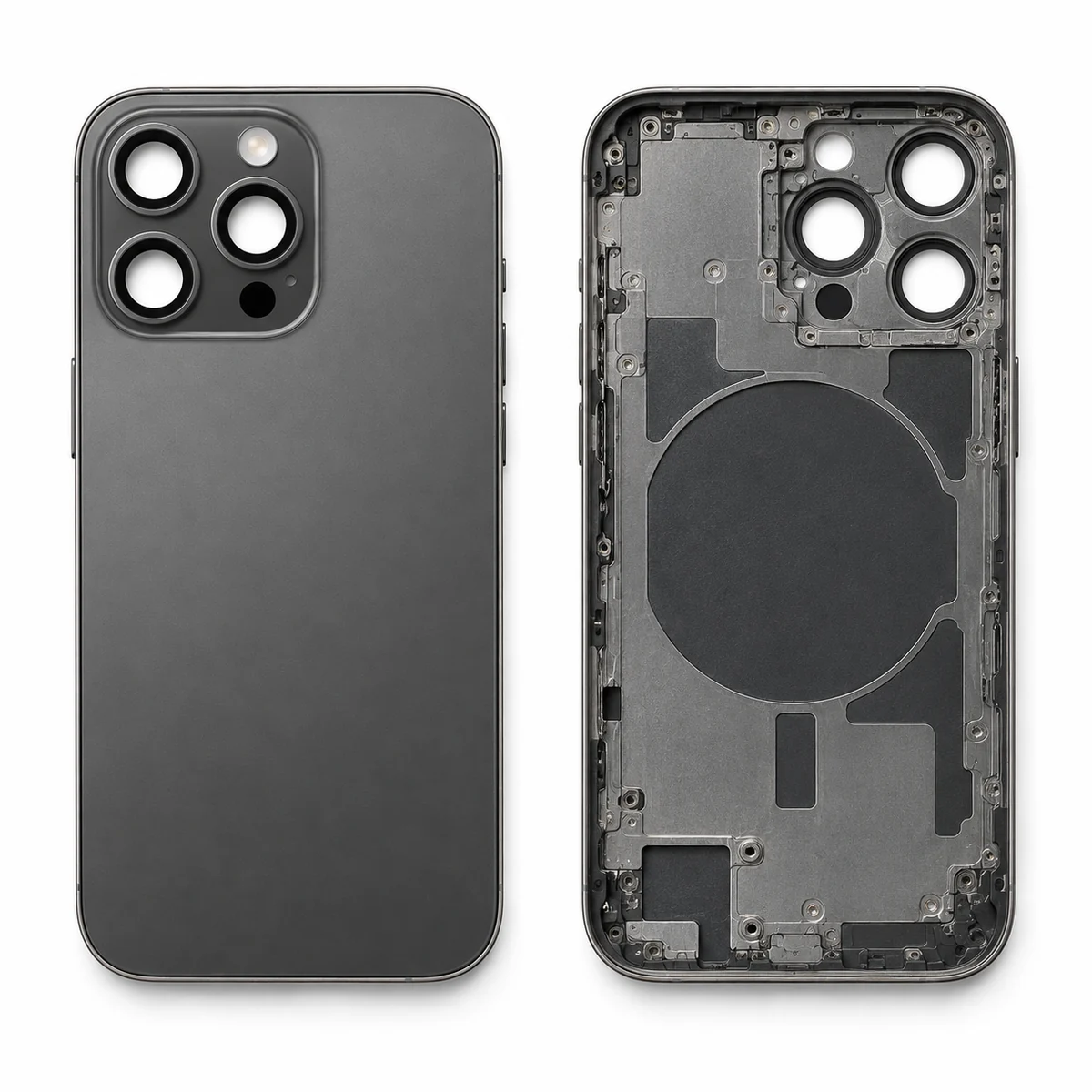 Replacement iPhone Pro rear housing with three camera openings in a square plateau, outer panel beside the bare inner chassis