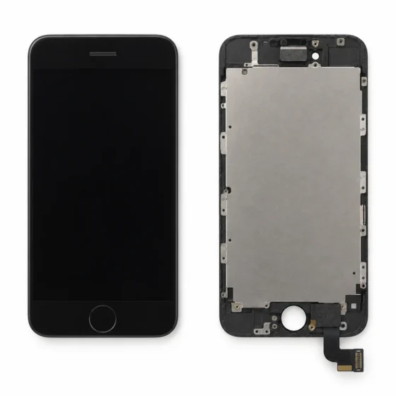 Replacement iPhone screen assembly with a round home button in the lower bezel, shown face up beside the rear shield plate