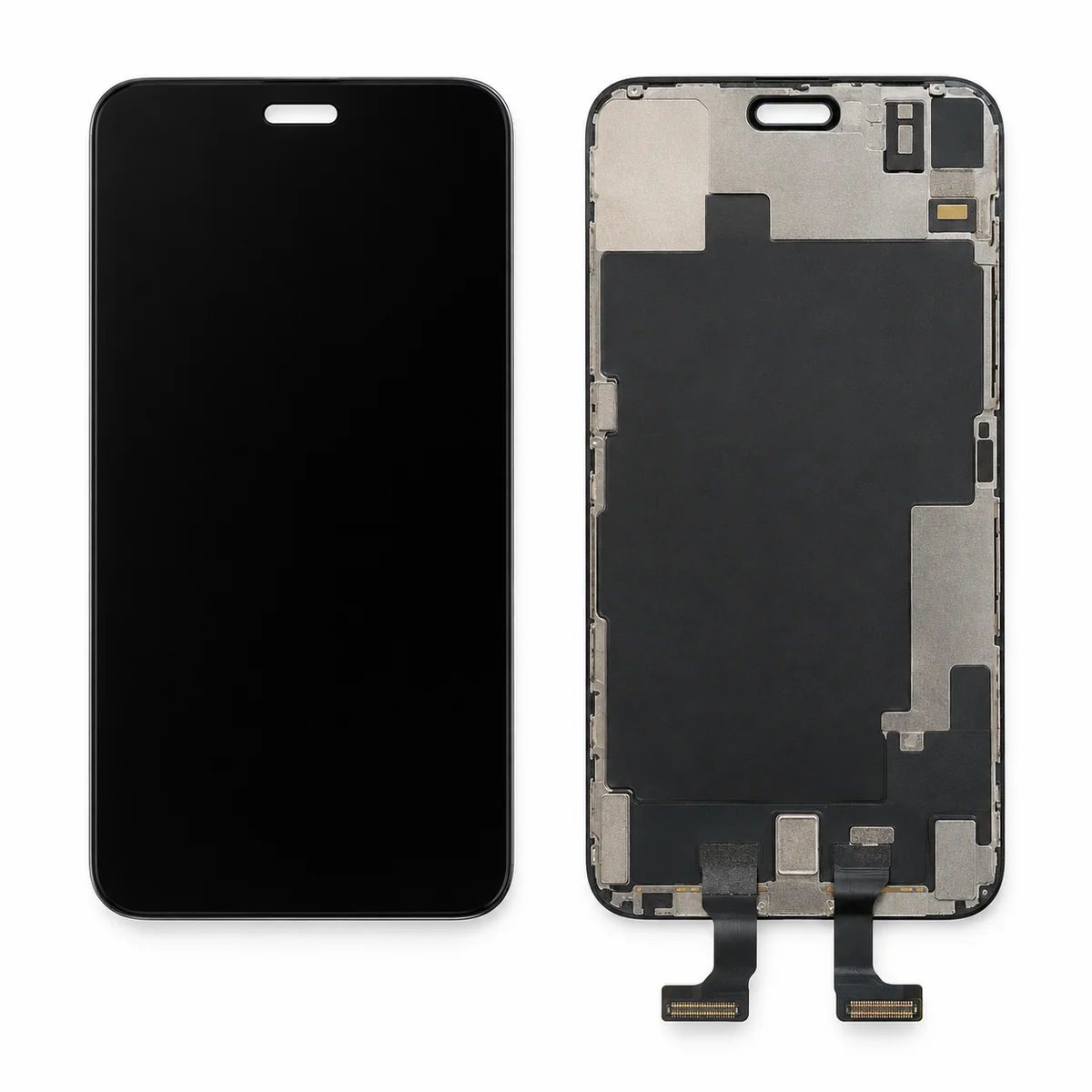 Replacement iPhone OLED screen assembly with a pill-shaped Dynamic Island cutout, shown face up beside the bare rear of the panel