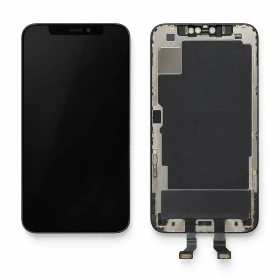 Replacement iPhone OLED screen assembly with a notch at the top edge, shown face up beside the bare rear of the panel
